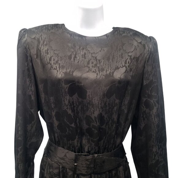VTG 80s Cadaz Silk Dress Black Silk Floral Jacquard Gothic Glam Formal Size 14 - Picture 2 of 12